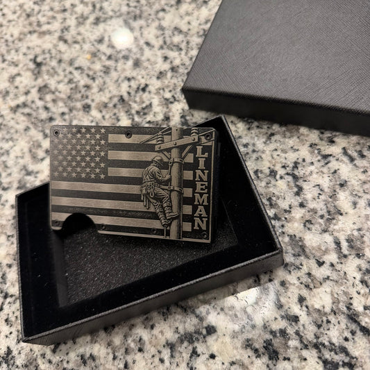 Lineman engraved wallet displayed in black presentation box