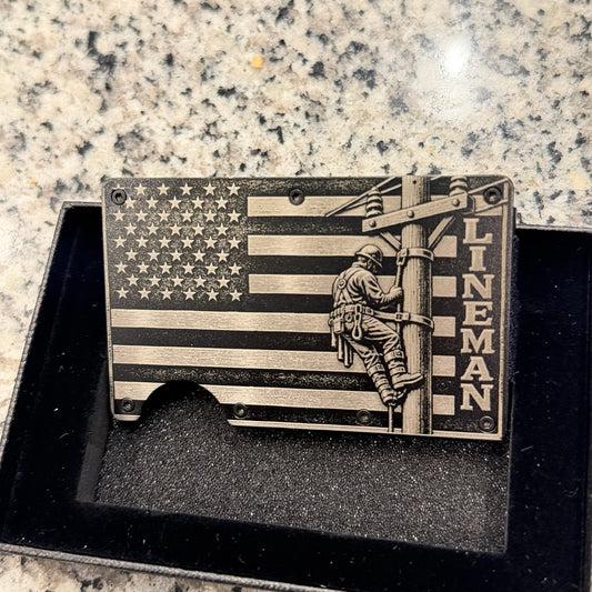 Lineman wallet with engraved American flag and utility pole design
