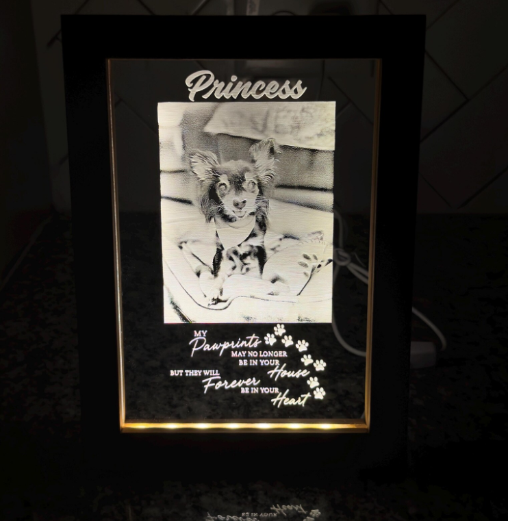 Black personalized pet memorial LED photo frame closeup