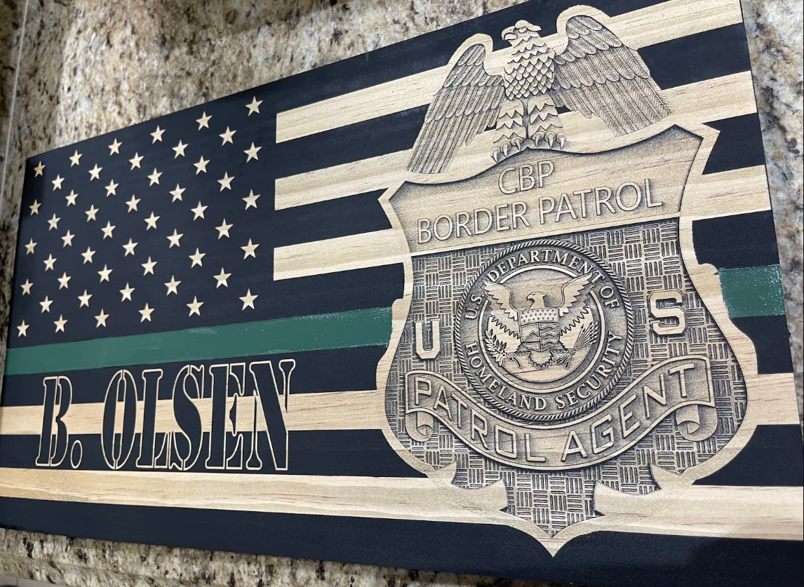 Custom Border Patrol wooden flag engraved badge closeup