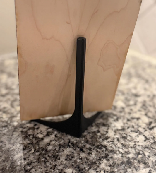 Back view of maple wood photo plaque with black display stand