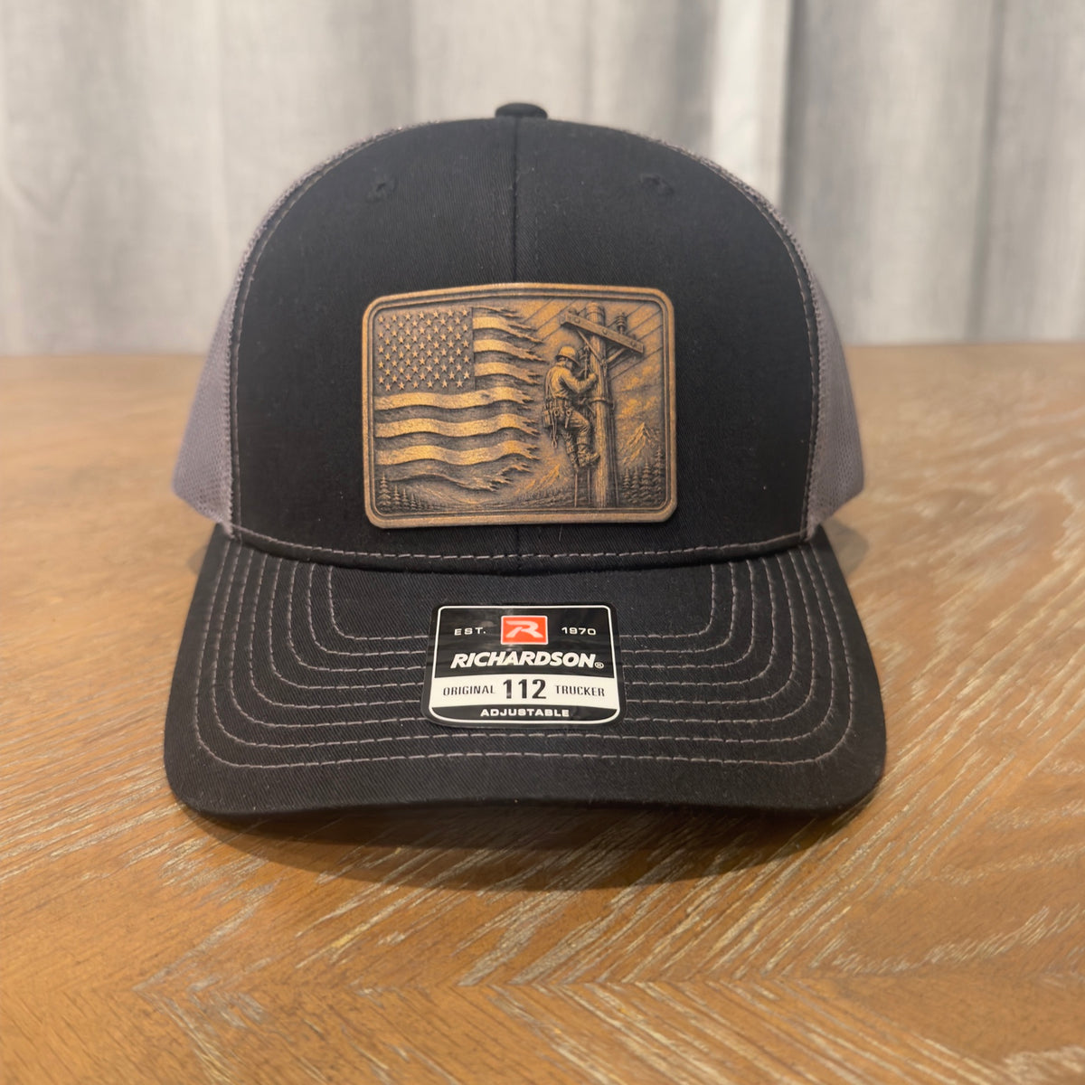 Electrician American flag engraved patch hat detail