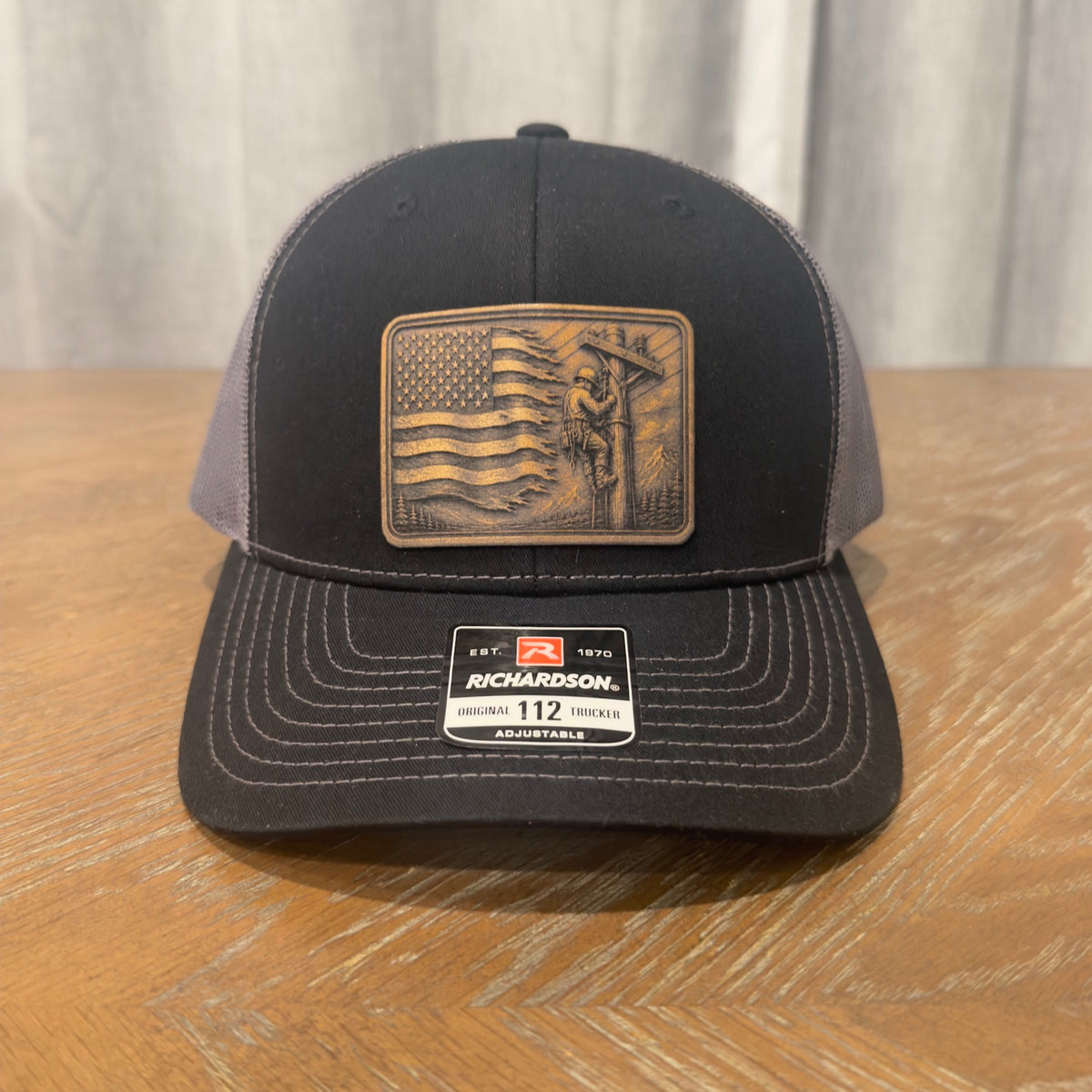 Electrician leather patch Richardson 112 hat front
