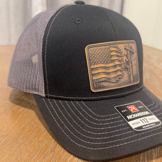 Electrician American flag leather patch hat left angle