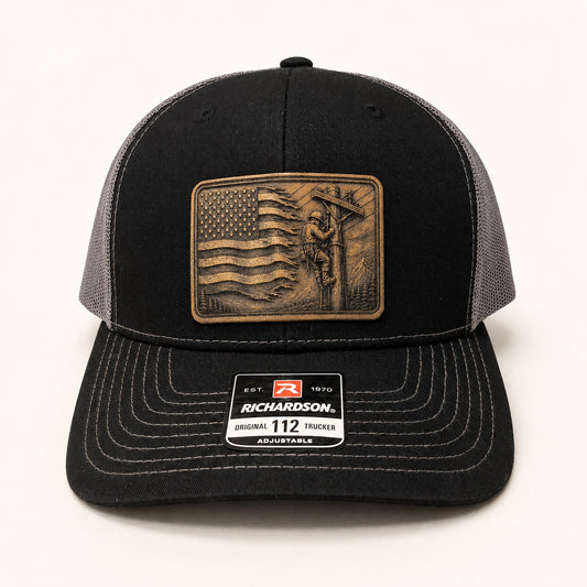Electrician American flag leather patch Richardson 112 hat front view