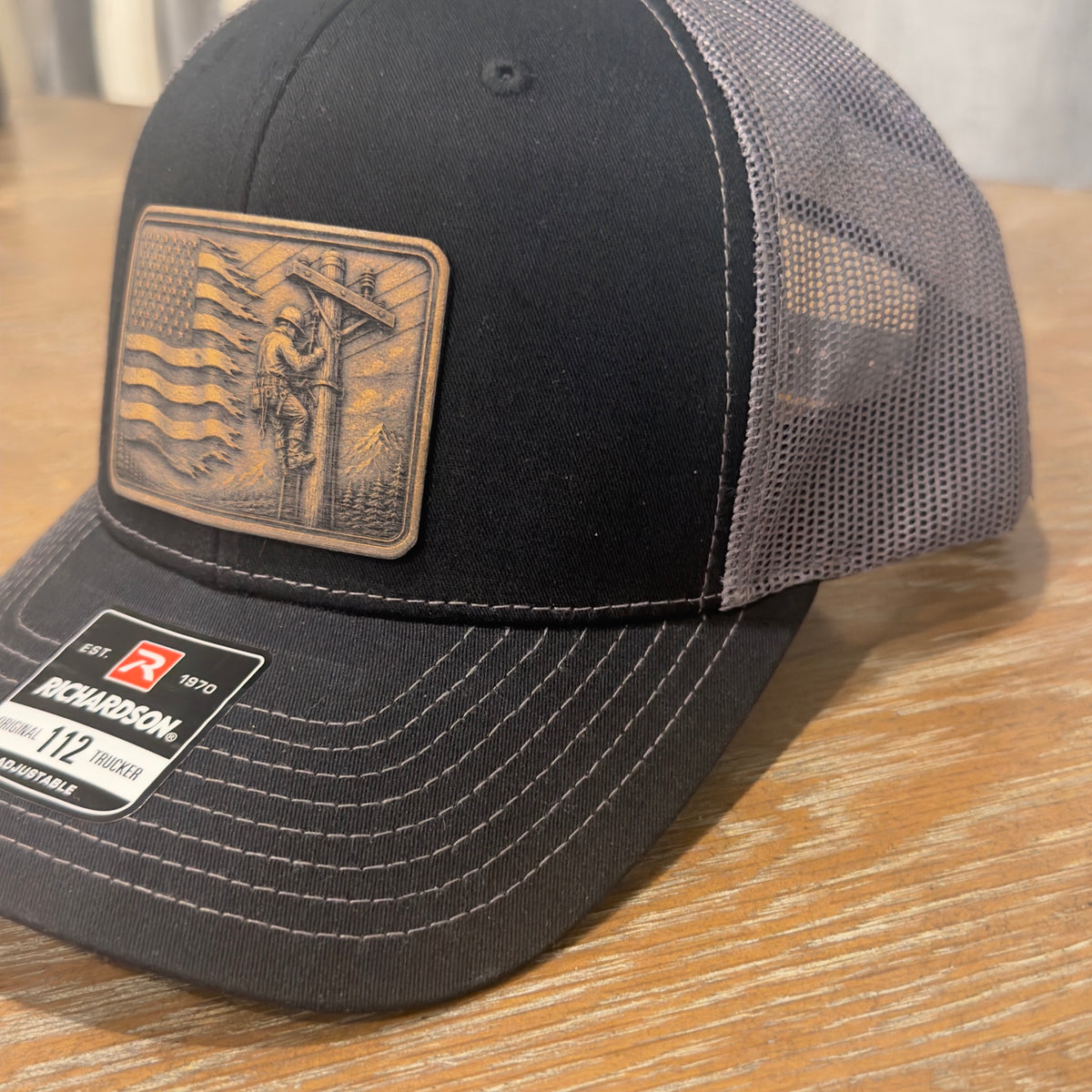 Electrician American flag leather patch hat right angle