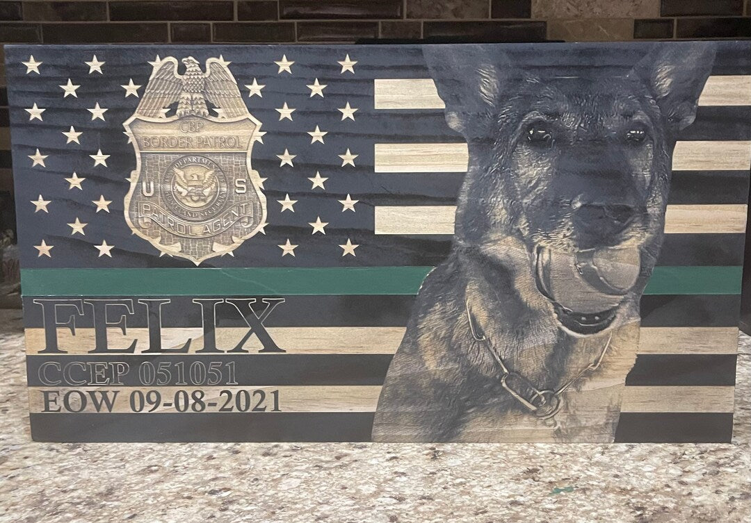 Custom engraved wood American flag with K9 and Border Patrol badge