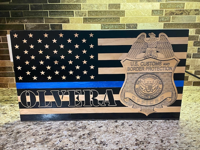 Custom engraved wood flag with blue line and Border Patrol badge