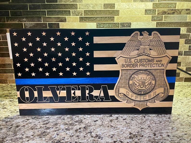 Custom engraved U.S. Customs and Border Protection wood flag