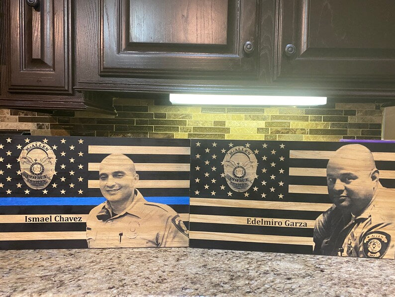 Custom engraved wood flags for McAllen Police officers