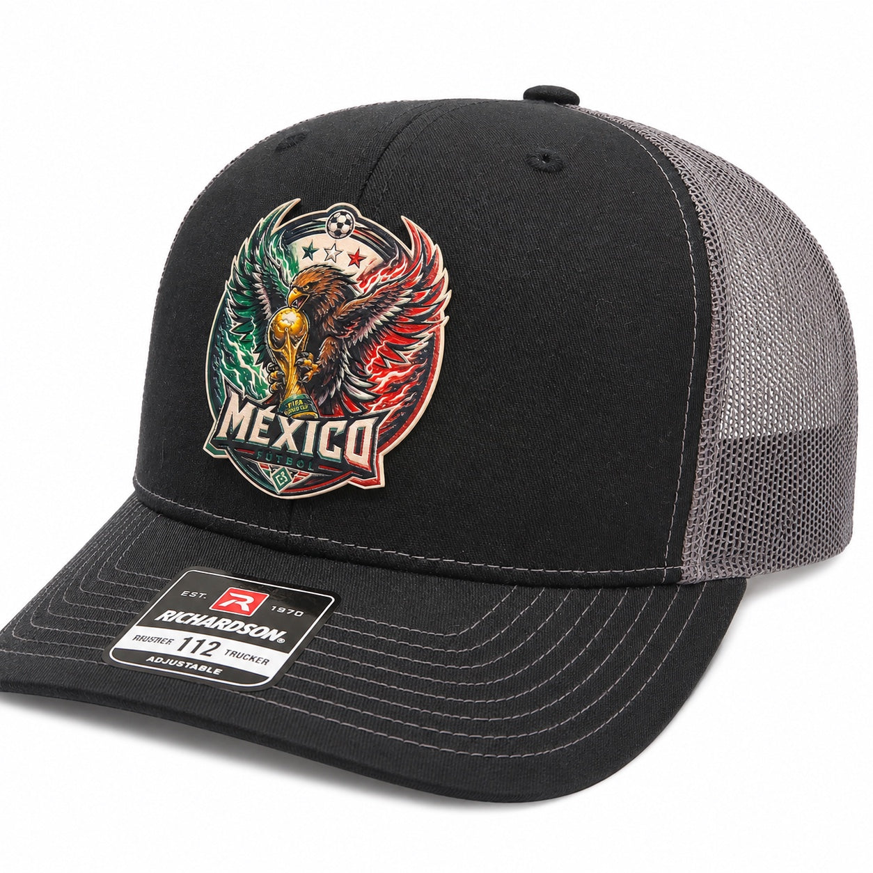 Mexico futbol Richardson 112 trucker hat angle view on white background