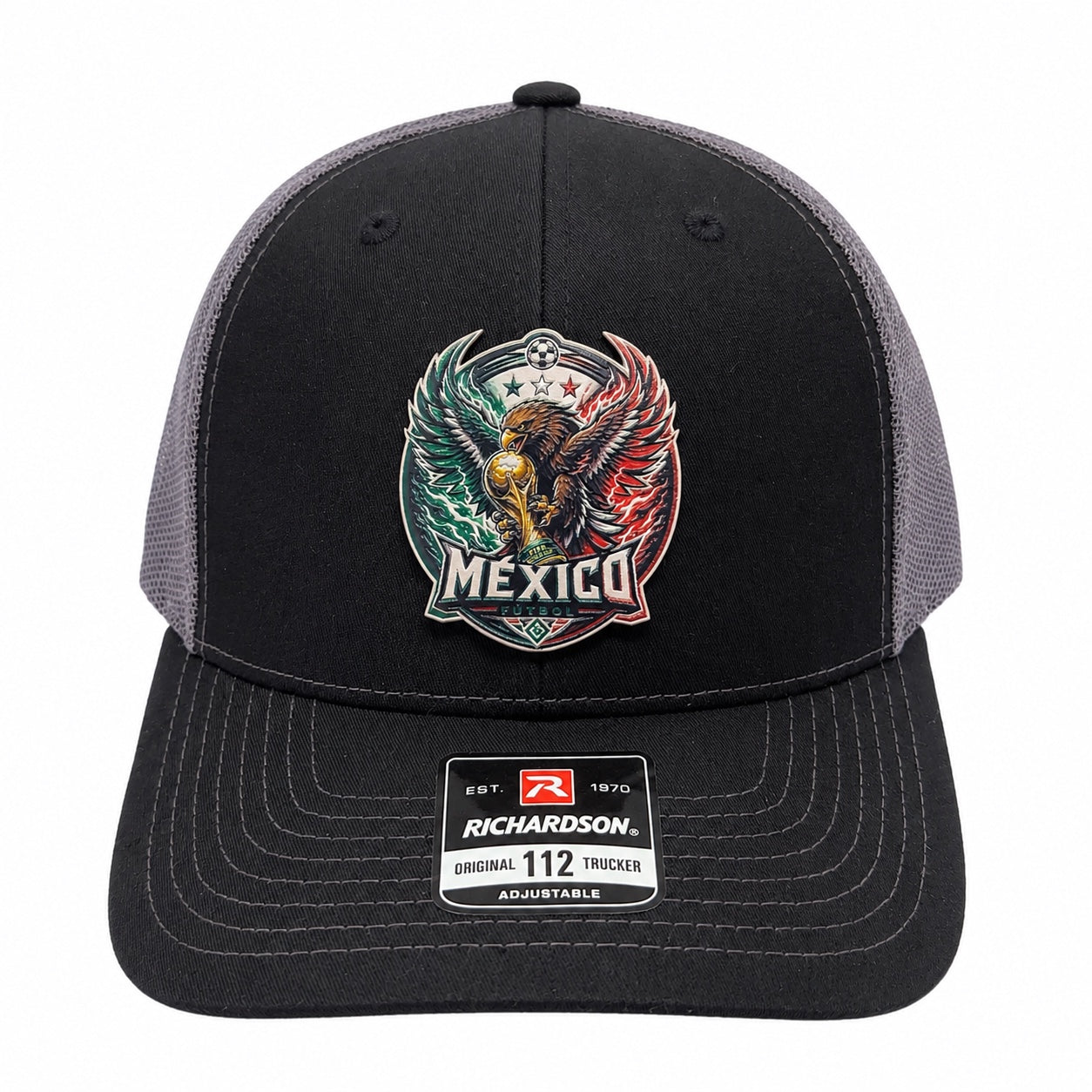 Mexico futbol Richardson 112 trucker hat front view on white background