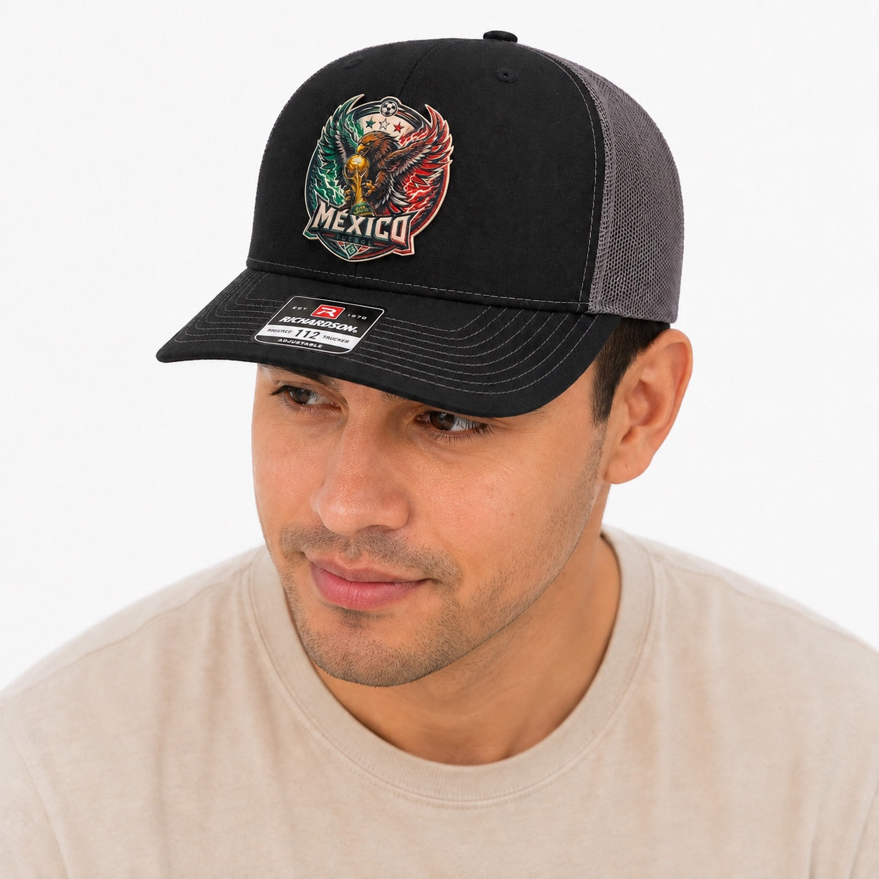 Mexico futbol Richardson 112 trucker hat shown on model