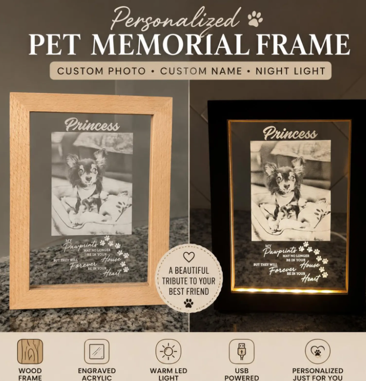 Personalized pet memorial LED photo frame with custom photo and name