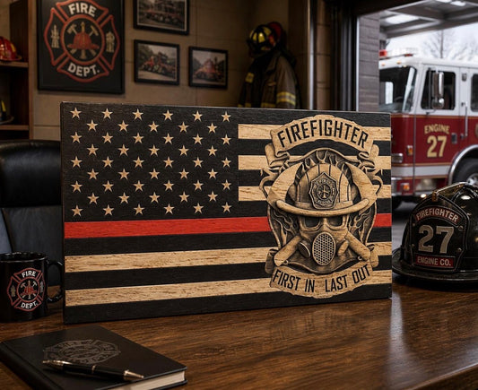 Engraved wooden Thin Red Line firefighter American flag with firefighter helmet emblem and First In Last Out text