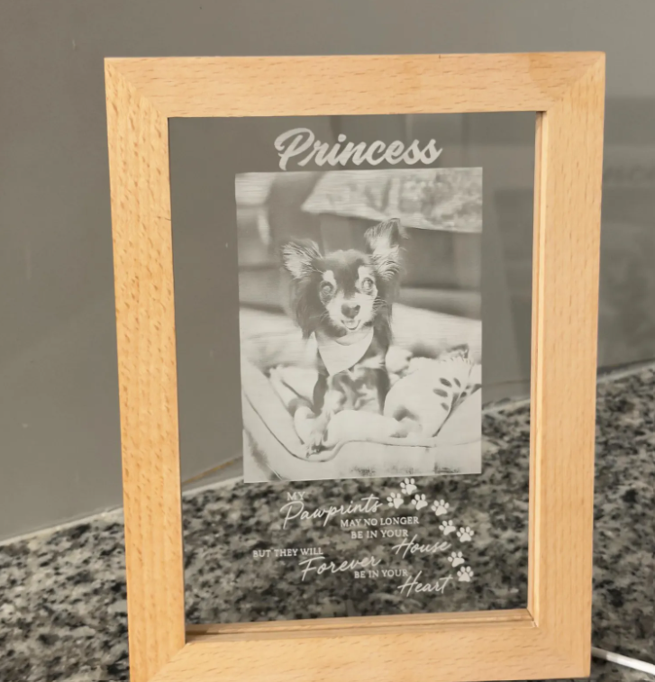 Wood personalized pet memorial photo frame closeup